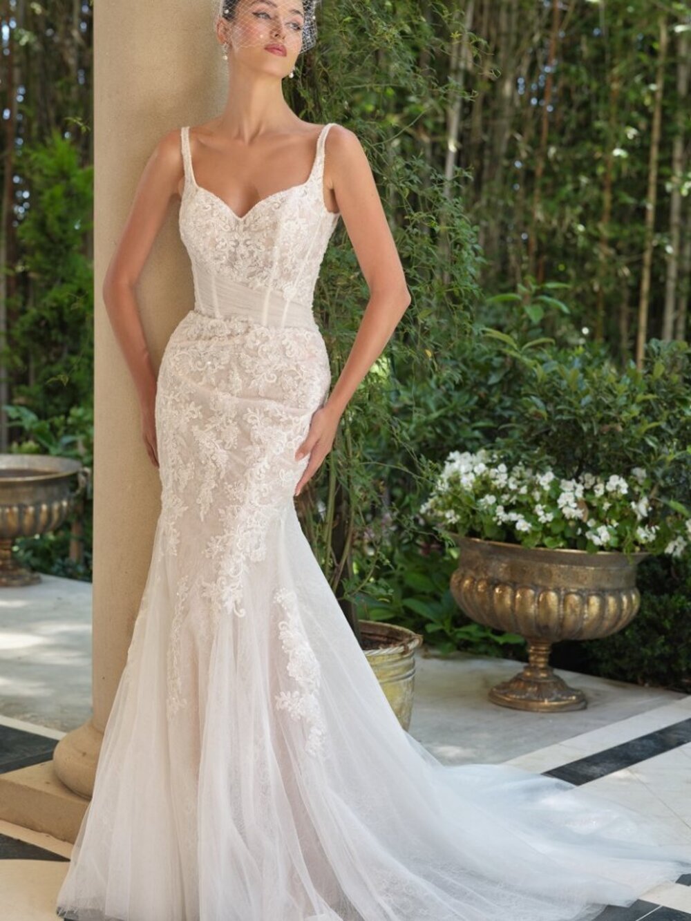 New Off White Nude Wedding Tulle Gown w/ Side Hip Bow & Floral Lace CD WL068